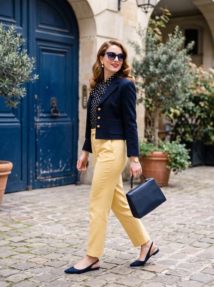 Navy Cropped Blazer + Polka Dot Blouse + Mustard Trousers