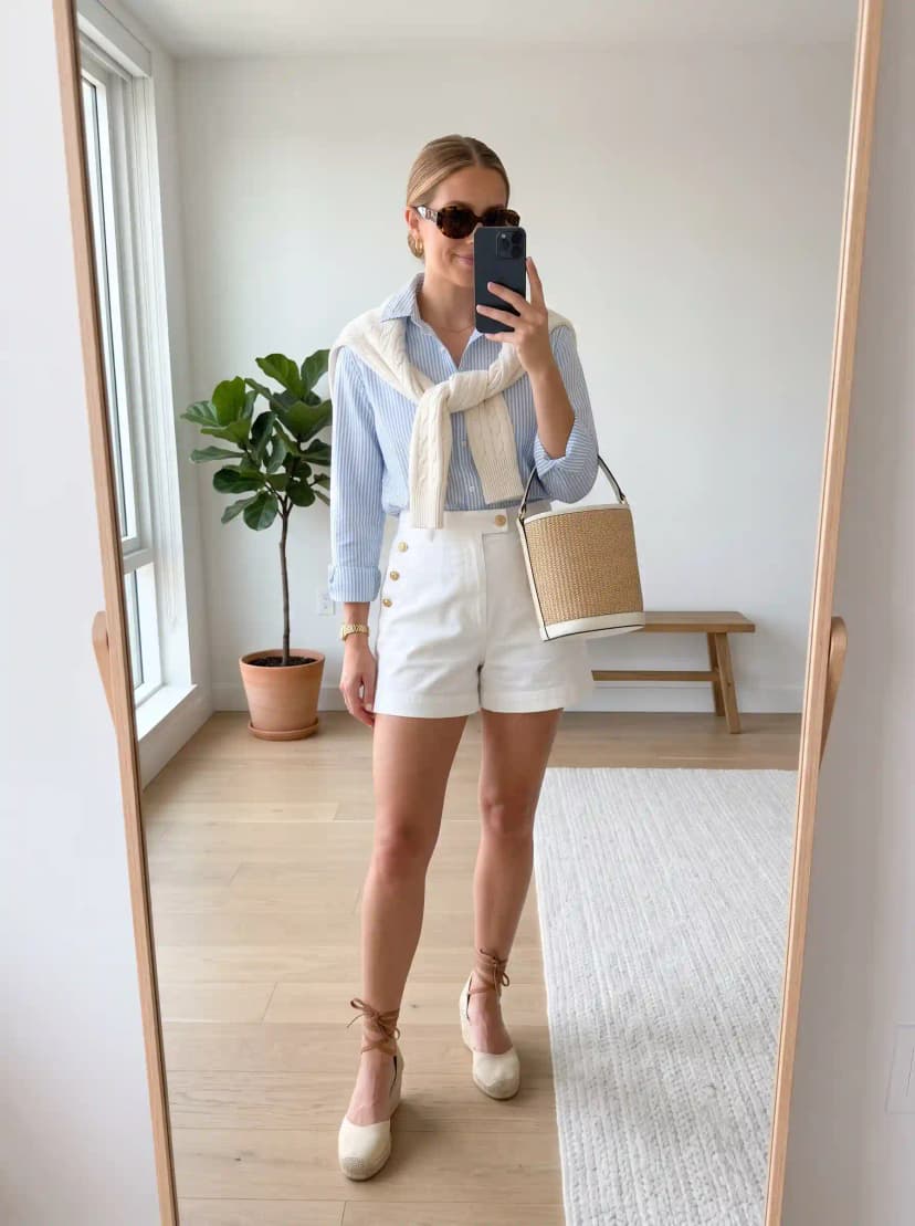 Blue Striped Shirt + White Sweater + White Shorts
