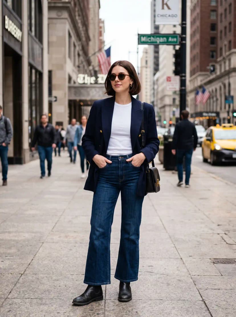 Navy Blazer + White T-Shirt + Dark Wash Flare Jeans