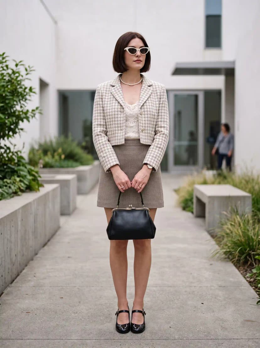 Tweed Cropped Jacket + Lace Camisole + Plaid Mini Skirt