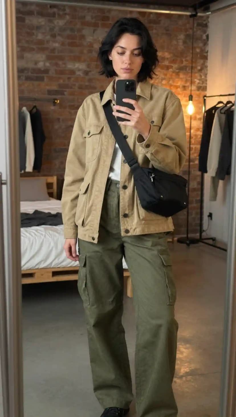 Tan Cotton Utility Jacket + White Cotton T-shirt + Olive Green Cotton Cargo Pants