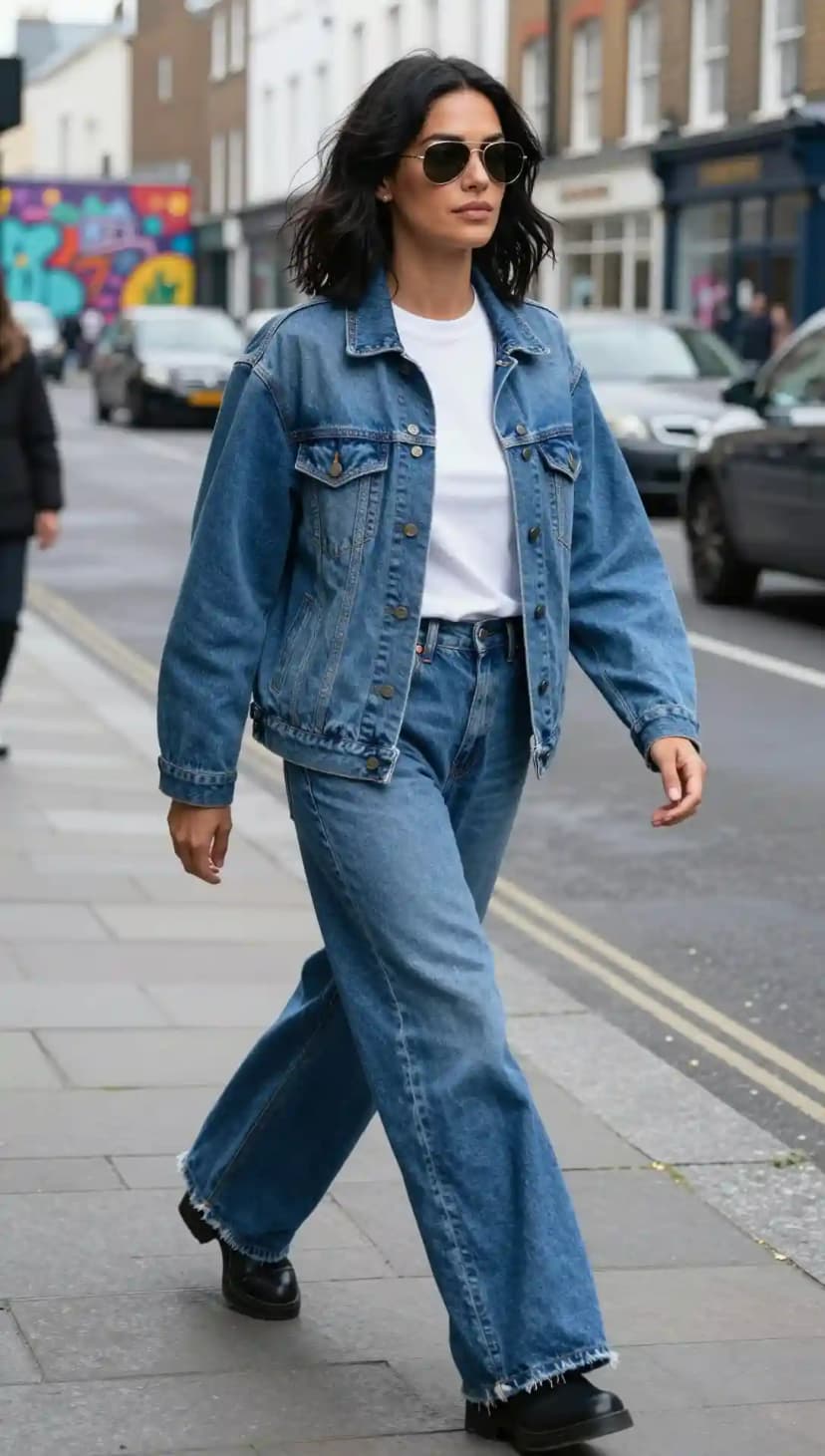 White Cotton T-Shirt + Blue Denim Jacket + Blue Denim Wide-Legged Jeans