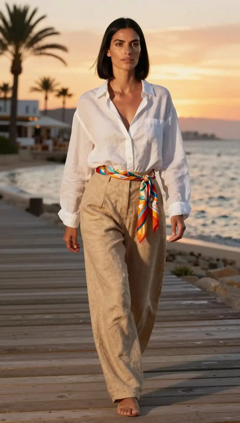 White Linen Shirt + Beige Linen Trousers + Colorful Silk Scarf