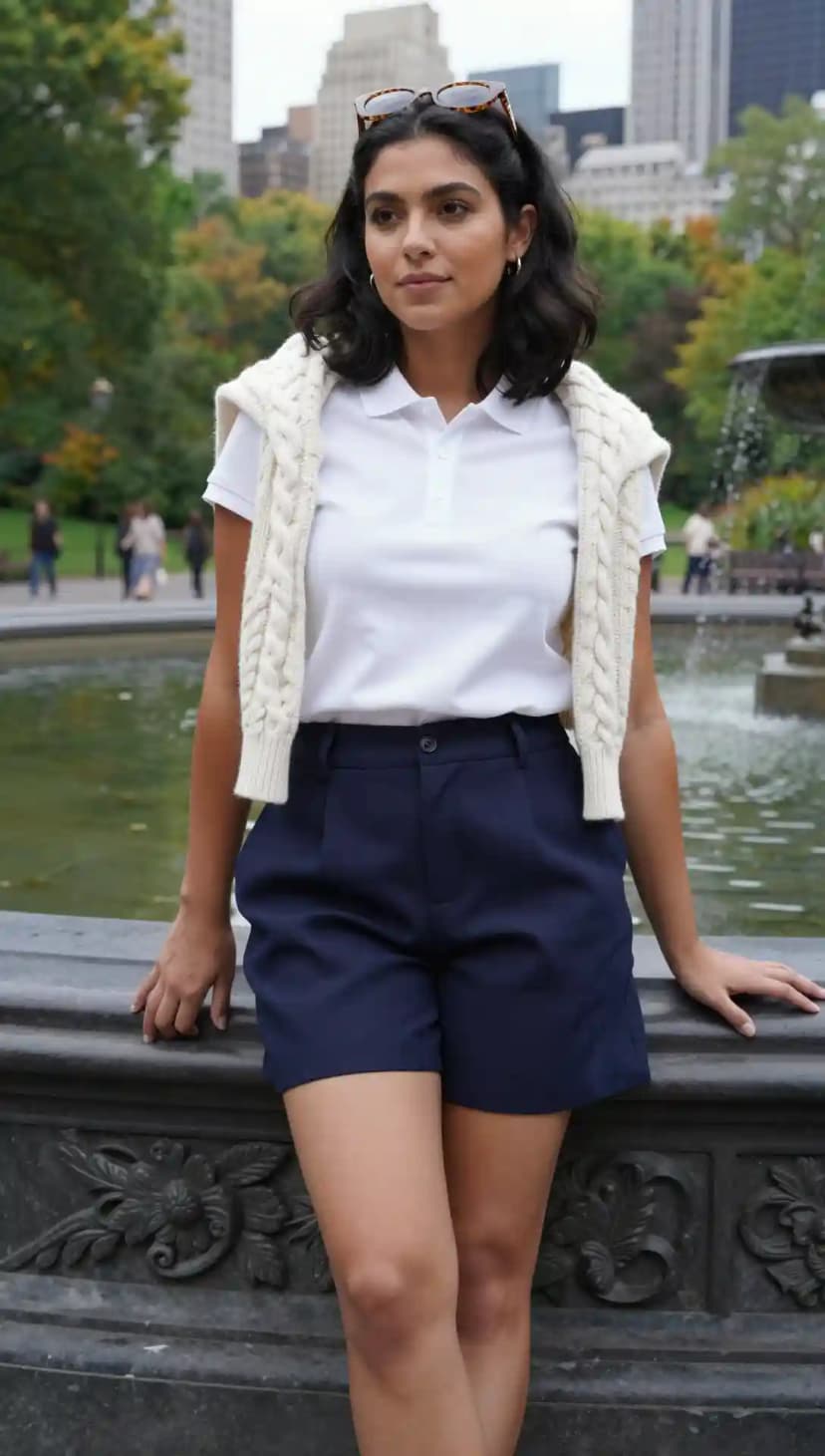 White Cotton Polo + Navy Wool Shorts + Cream Cable Knit Sweater