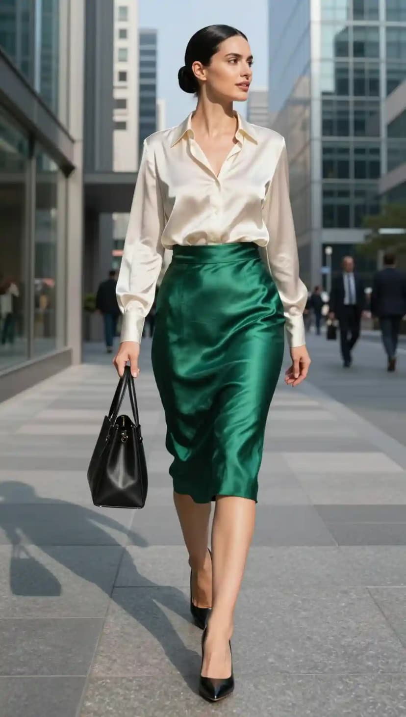 Cream Satin Button-Up Shirt + Emerald Green Satin Midi Skirt + Black Leather Stiletto Heels