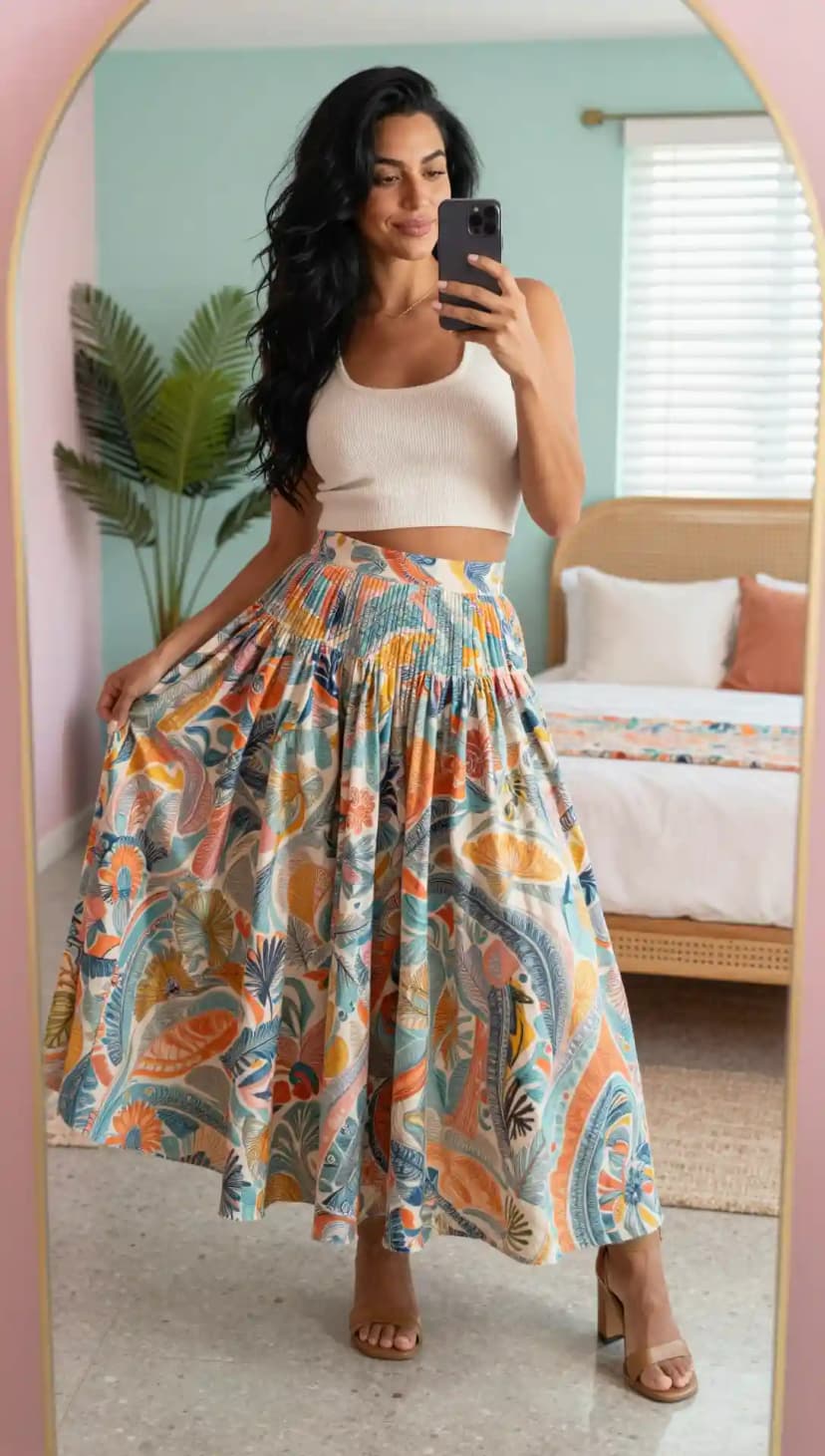 Cream Ribbed Knit Tank + Multi-colored Floral Print Pleated Maxi Skirt + Tan Leather Block Heel Sandals