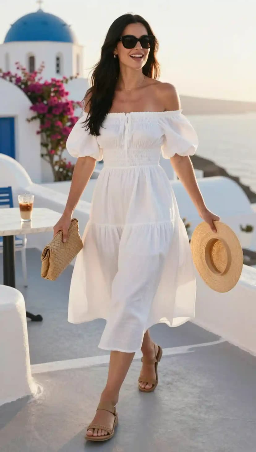 Off-the-Shoulder White Puff Sleeve Dress + Straw Hat + Woven Clutch + Flat Sandals