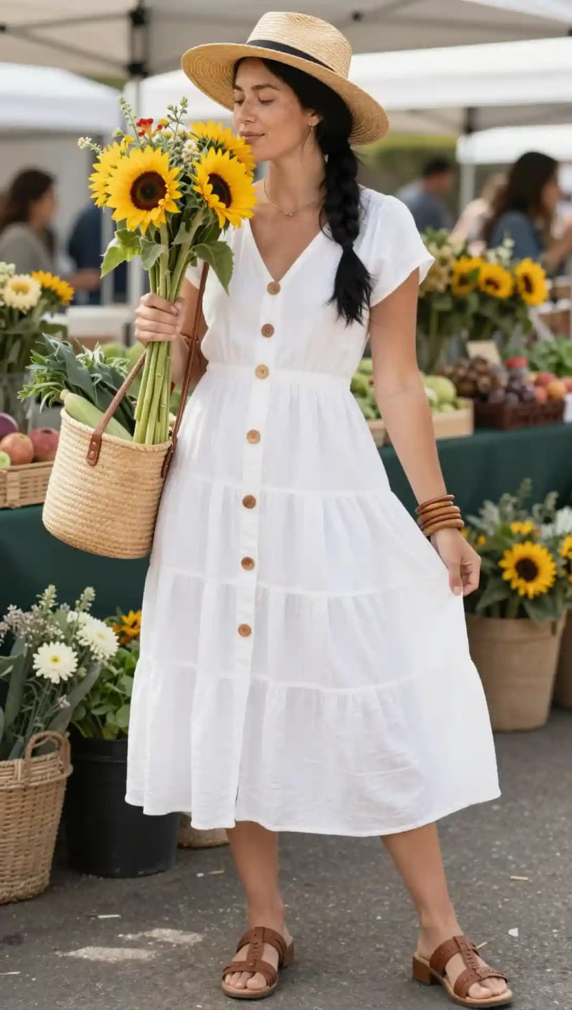 White Textured Tiered Midi Dress + Tan Block Heel Sandals + Straw Hat