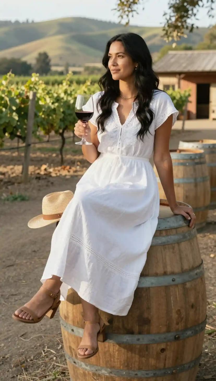 White Cotton Midi Dress + Tan Block Heel Sandals + Straw Bag