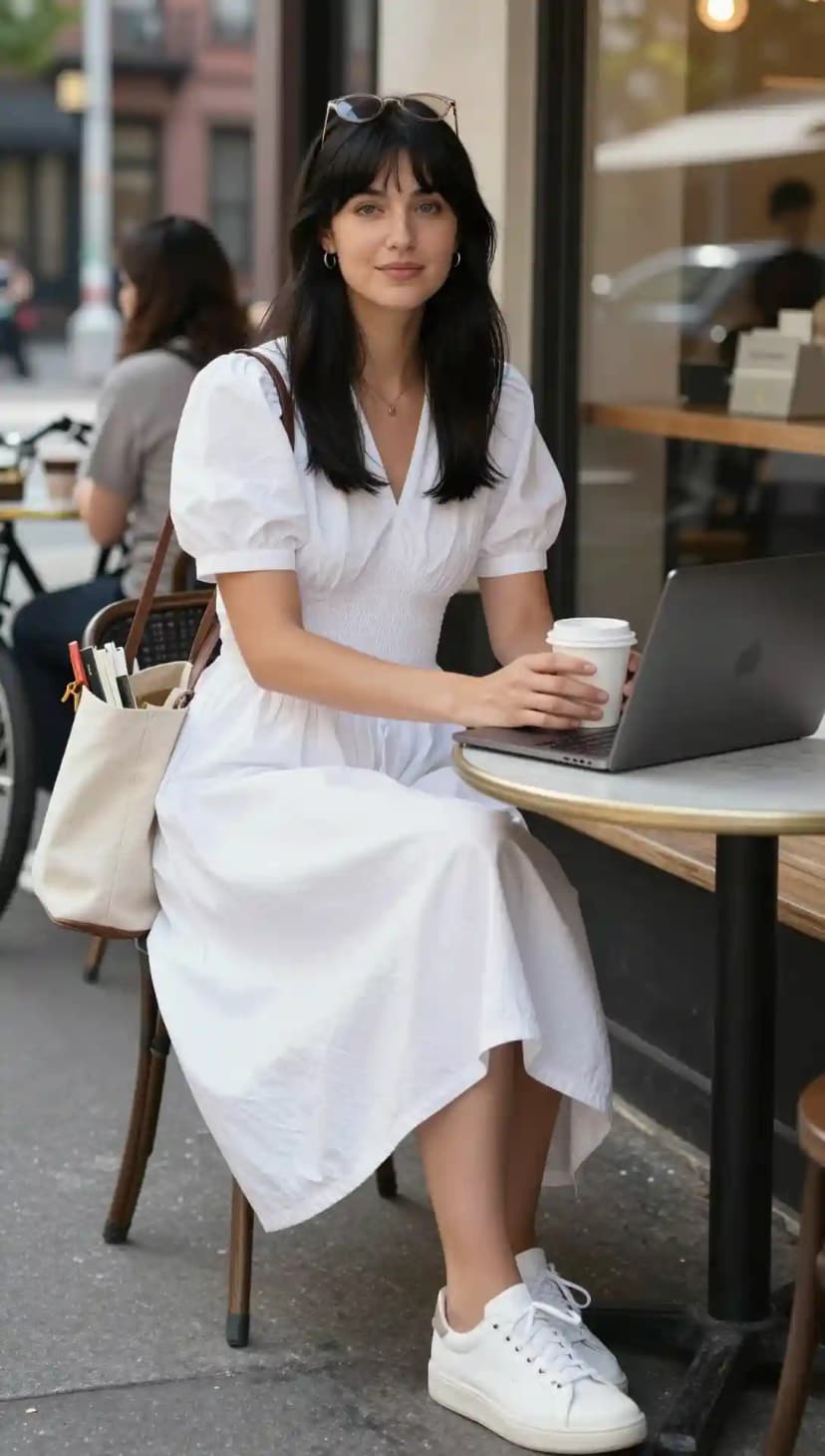 White Textured Midi Dress + White Sneakers + Canvas Tote Bag + Gold Necklace