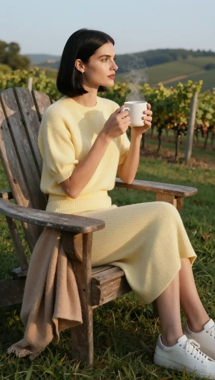 Pale Yellow Knit Sweater + Midi Skirt + White Sneakers