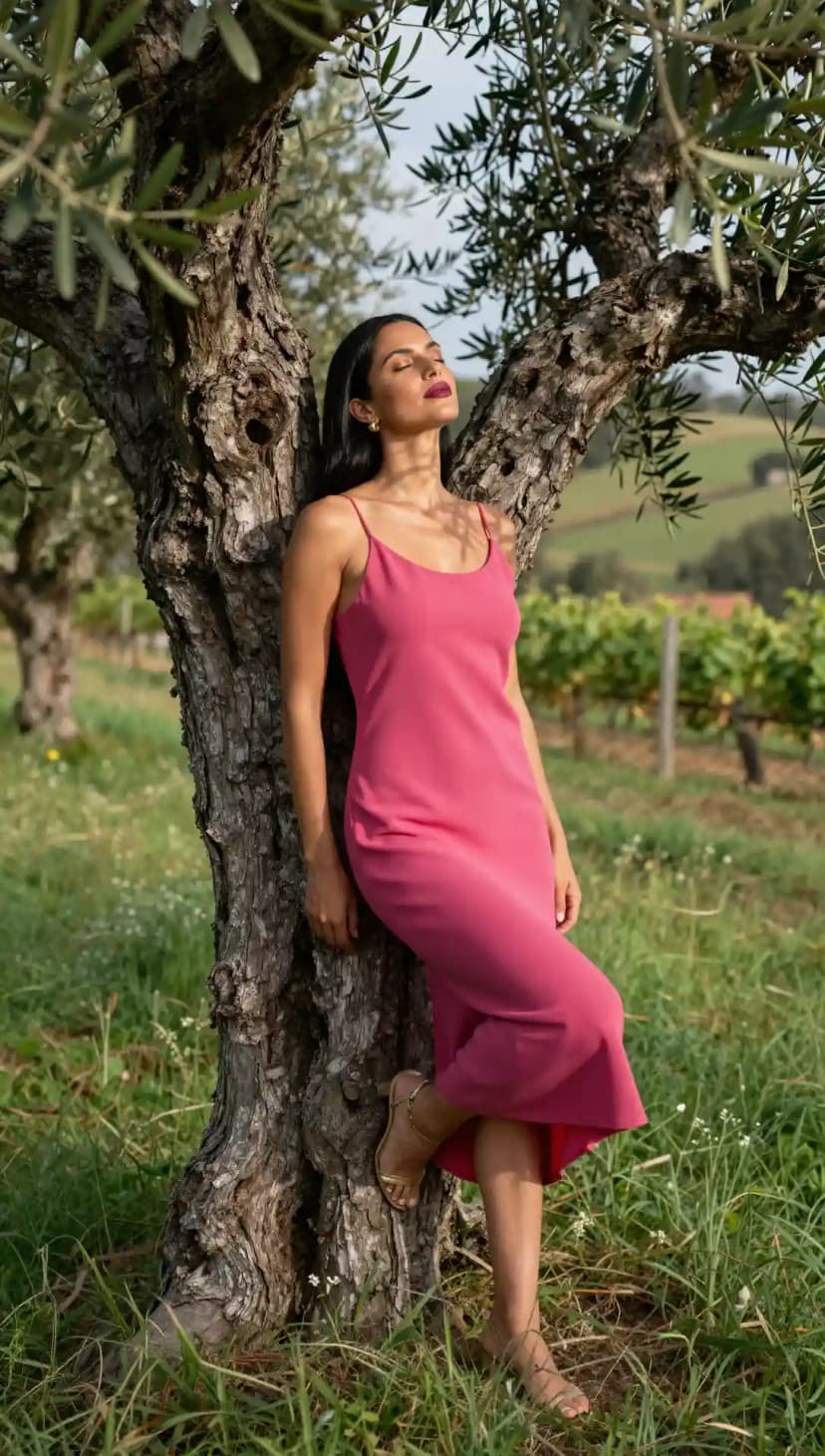 Hot Pink Slip Dress + Gold Strappy Heels