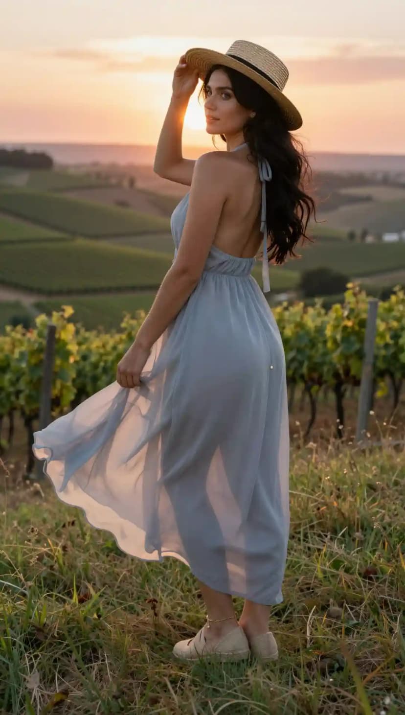 Light Blue Chiffon Halter Dress + Straw Hat + Espadrille Flats