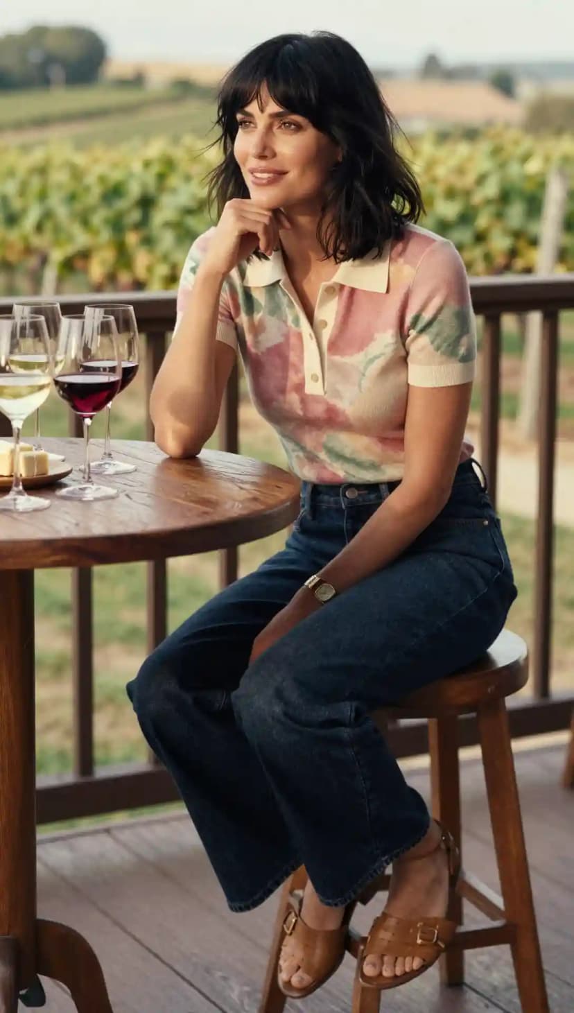 Floral Knit Polo + Dark Wash Wide Leg Jeans + Tan Strappy Sandals