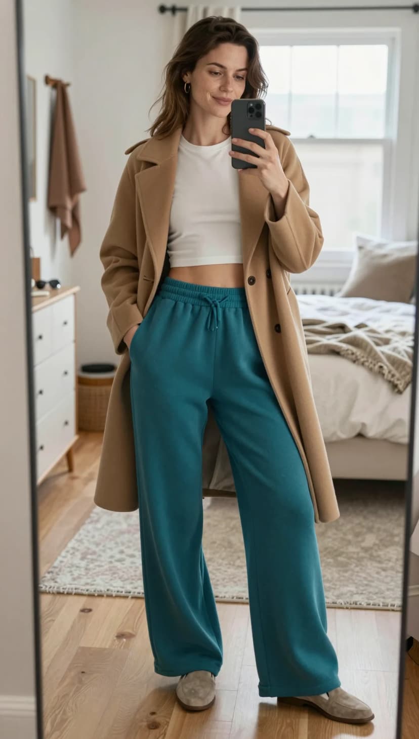 White Cropped Ribbed Tank + Teal Wide-Leg Sweatpants + Camel Wool Coat + Taupe Suede Loafers