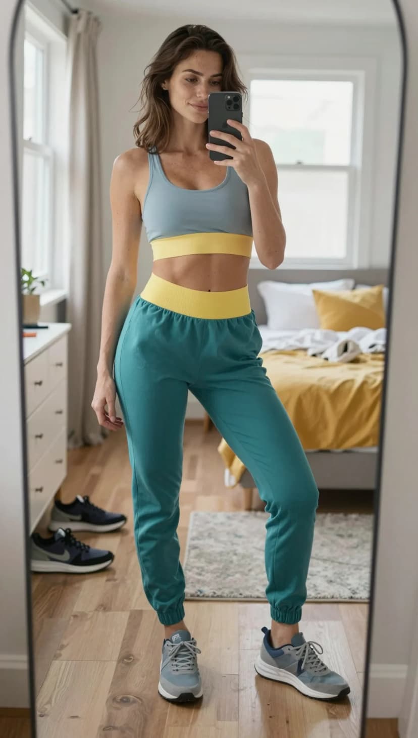 Blue Joggers + Yellow Sports Bra + Grey Sports Bra