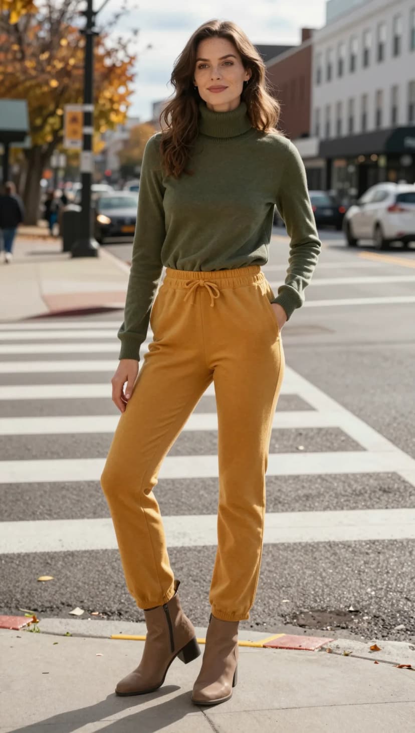 Olive Turtleneck Sweater + Mustard Sweatpants + Taupe Ankle Boots