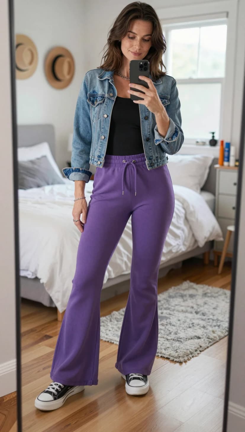 Black Ribbed Tank Top + Light Wash Denim Jacket + Purple Sweatpants