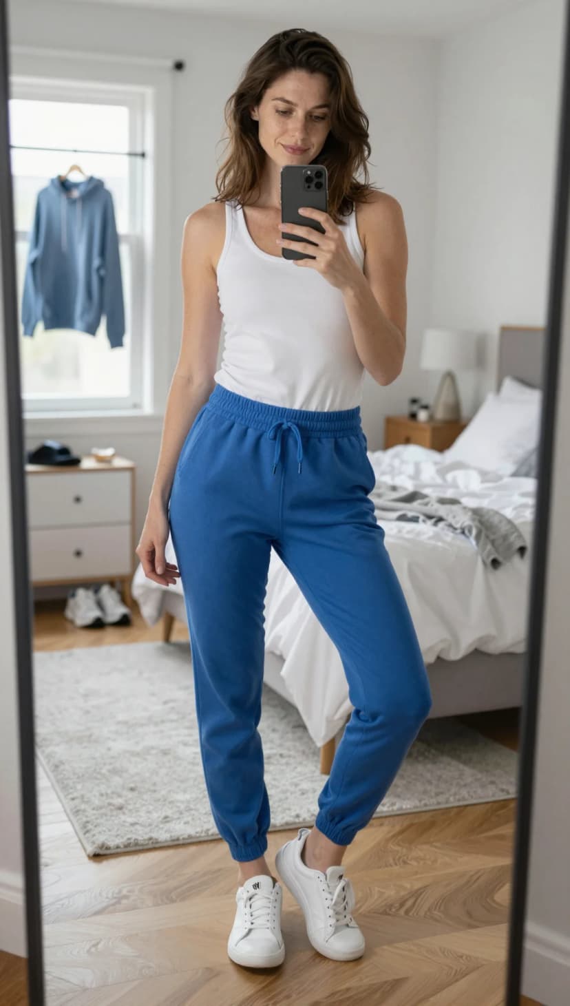 White Tank Top + Royal Blue Sweatpants + White Sneakers