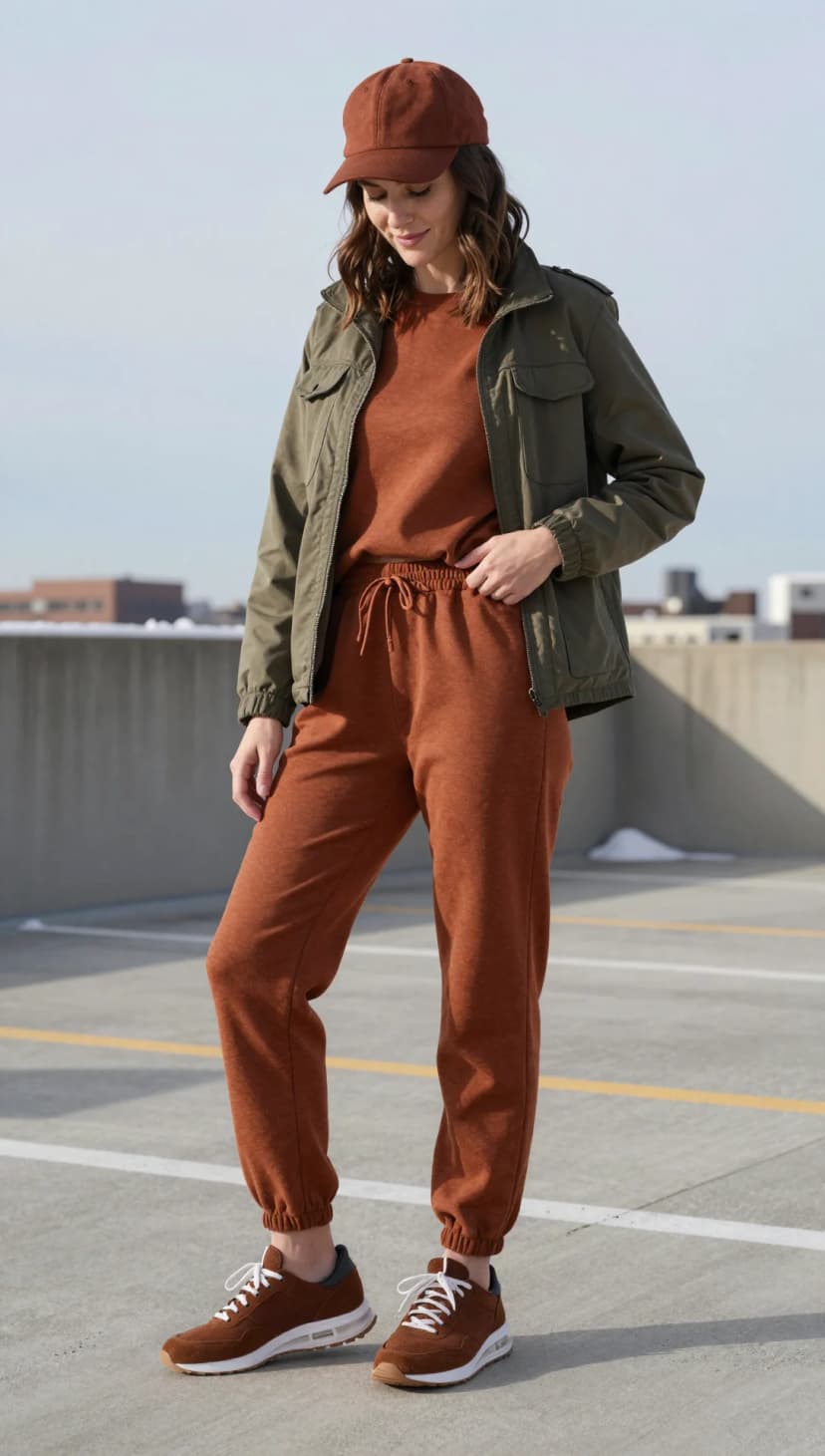 Brown Heathered Sweatpants + Brown Heathered Sweatshirt + Olive Utility Jacket + Brown Suede Baseball Cap + Brown Suede Sneakers
