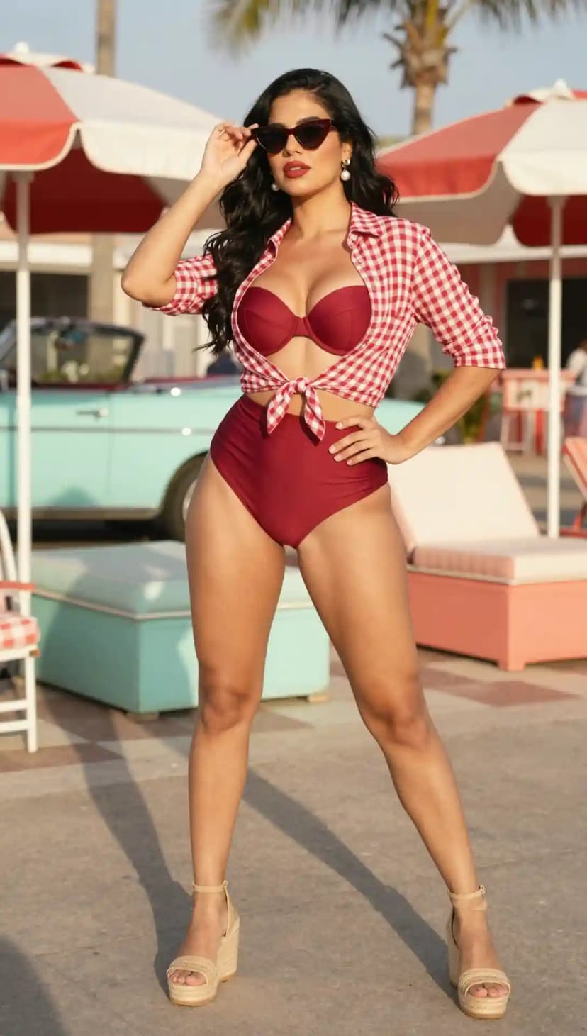 Red Gingham Cotton Shirt + Burgundy Swimsuit Top + Burgundy Swimsuit Bottom