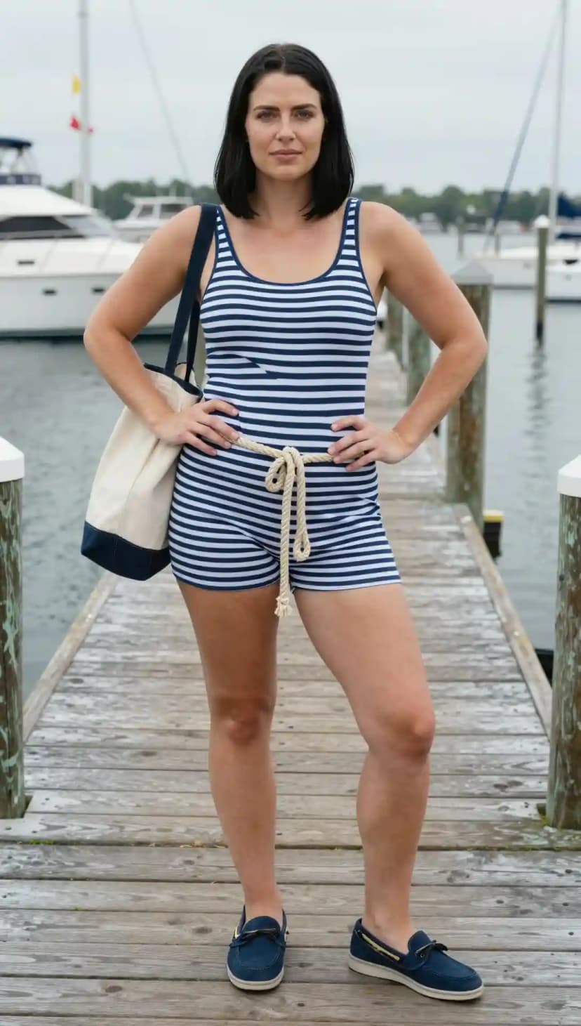 Blue and White Striped Knit Romper + Beige and Navy Canvas Tote