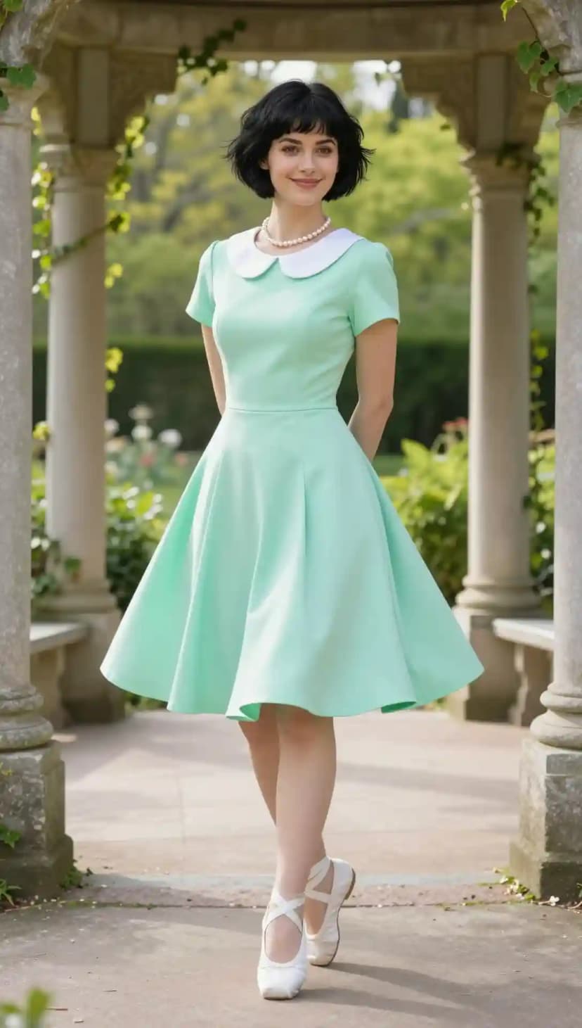 Mint Green Cotton Peter Pan Collar Dress + White Satin Ballet Flats