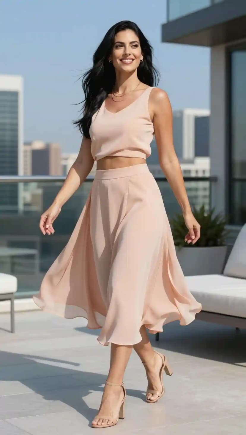 Peach Chiffon Crop Top + Peach Chiffon Midi Skirt