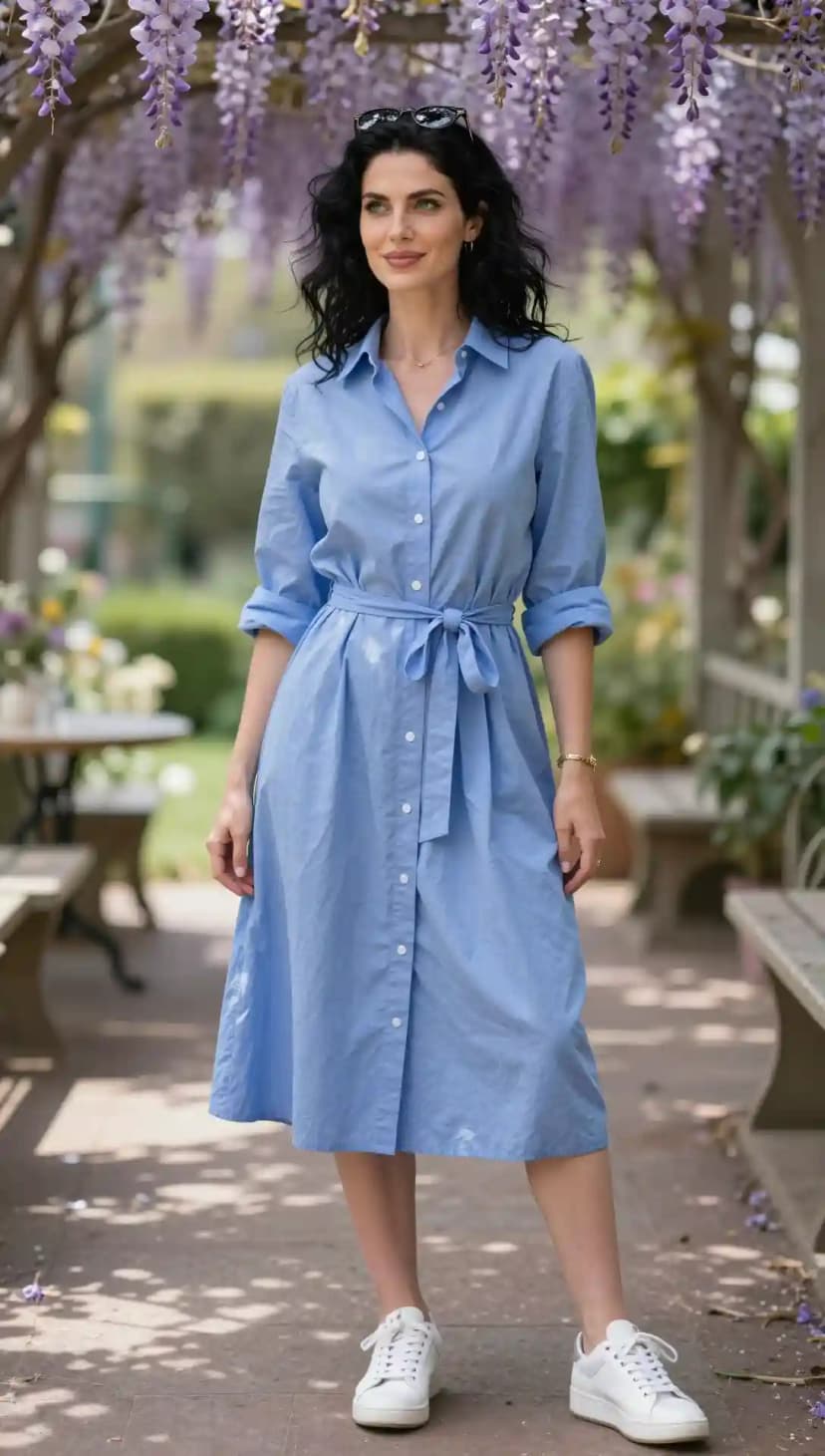 Blue Cotton Shirtdress + White Leather Sneakers