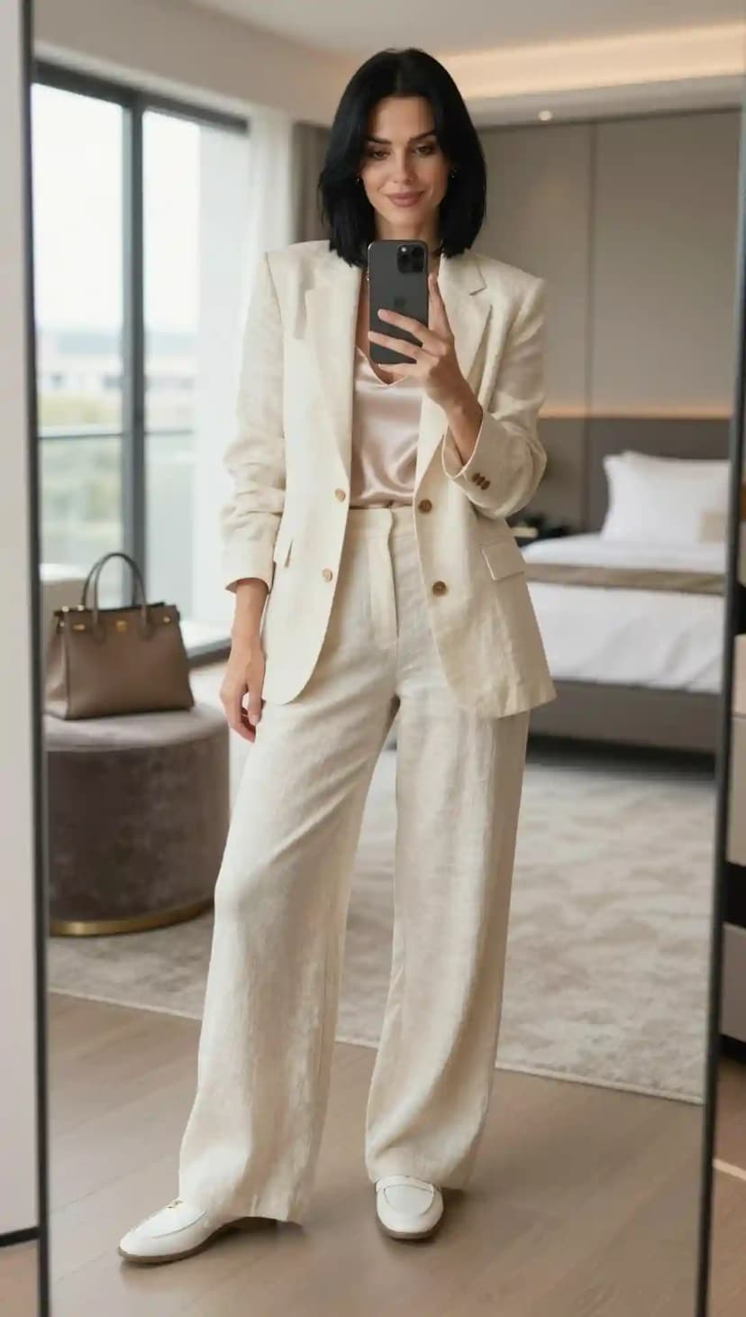Cream Linen Blazer + Champagne Satin Camisole + Cream Linen Trousers