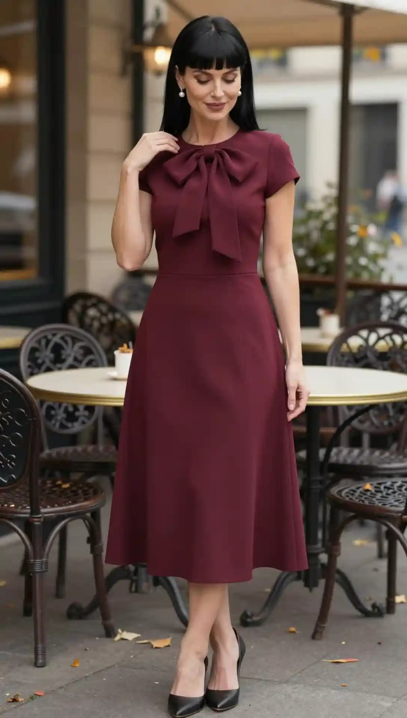 Burgundy Crepe Bow Neck Dress + Black Leather Pumps