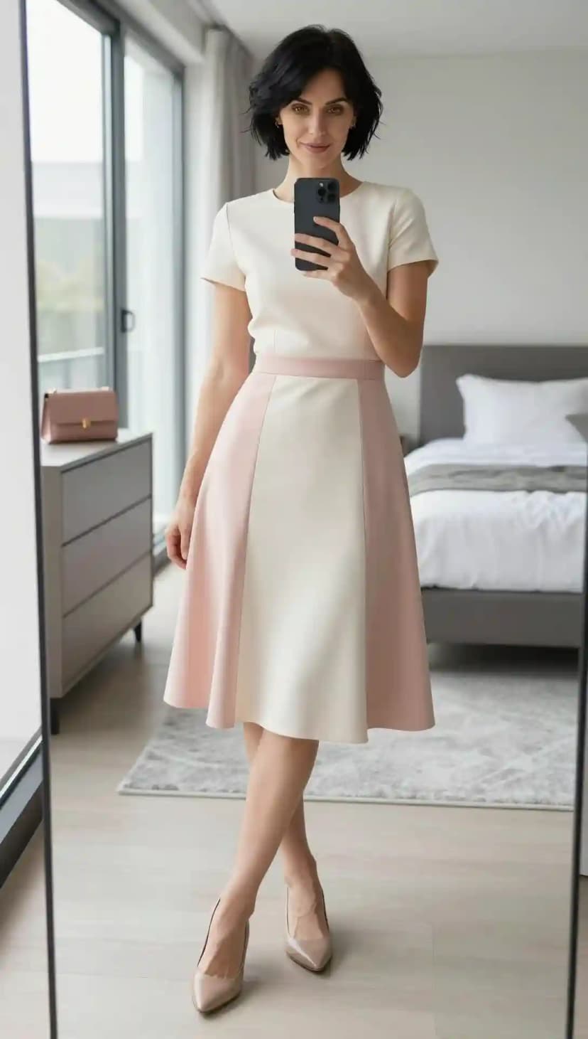 Cream Short Sleeve Top + Pink Colorblock Midi Skirt