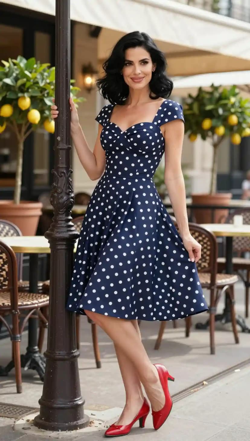 Navy Polka Dot Cotton Midi Dress + Red Leather Heels
