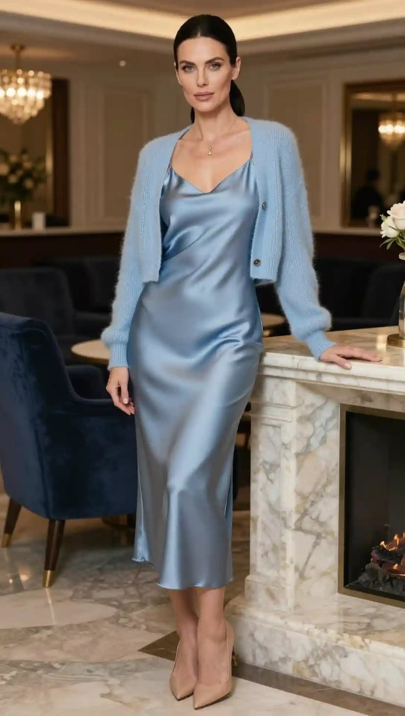 Sky Blue Satin Slip Dress + Light Blue Fuzzy Cardigan
