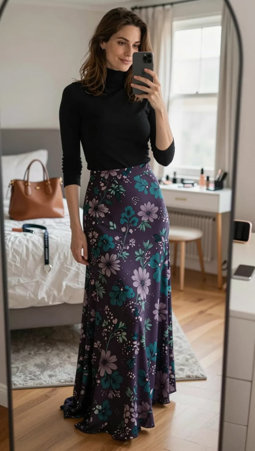 Black Turtleneck Top + Purple Floral Maxi Skirt + Denim Jacket