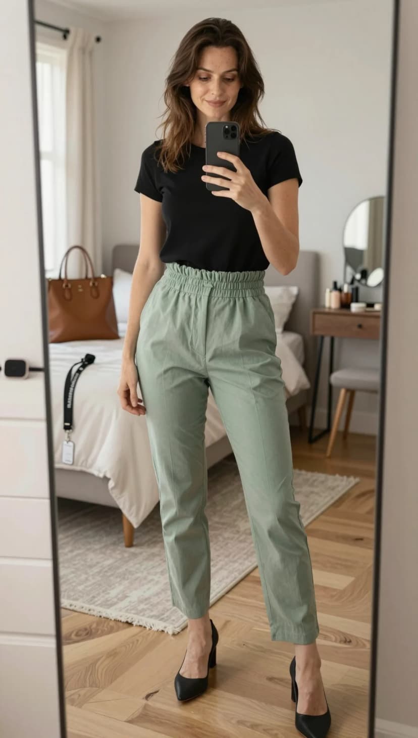 Black Cotton T-shirt + Sage Linen Trousers + Black Leather Heels