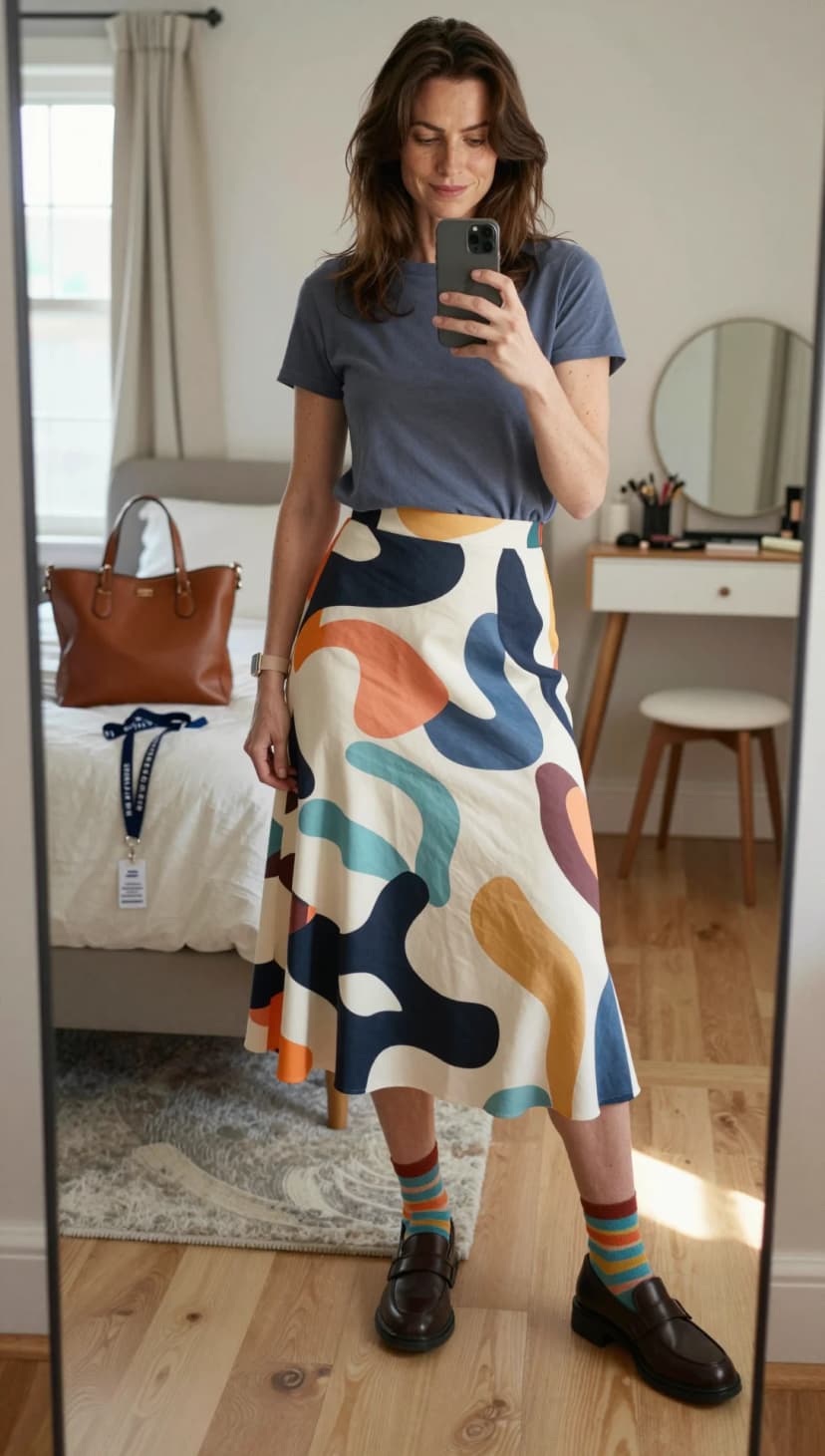Blue Cotton T-Shirt + Cream Abstract Print Midi Skirt + Brown Loafers
