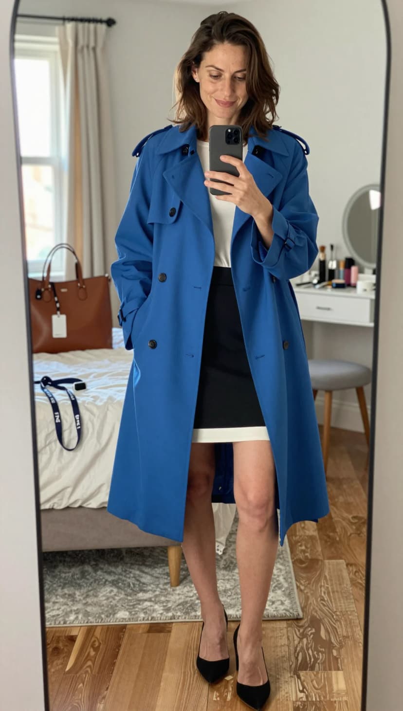 Royal Blue Cotton Trench Coat + White Crewneck Top + Black Pencil Skirt + Black Pointed Heels