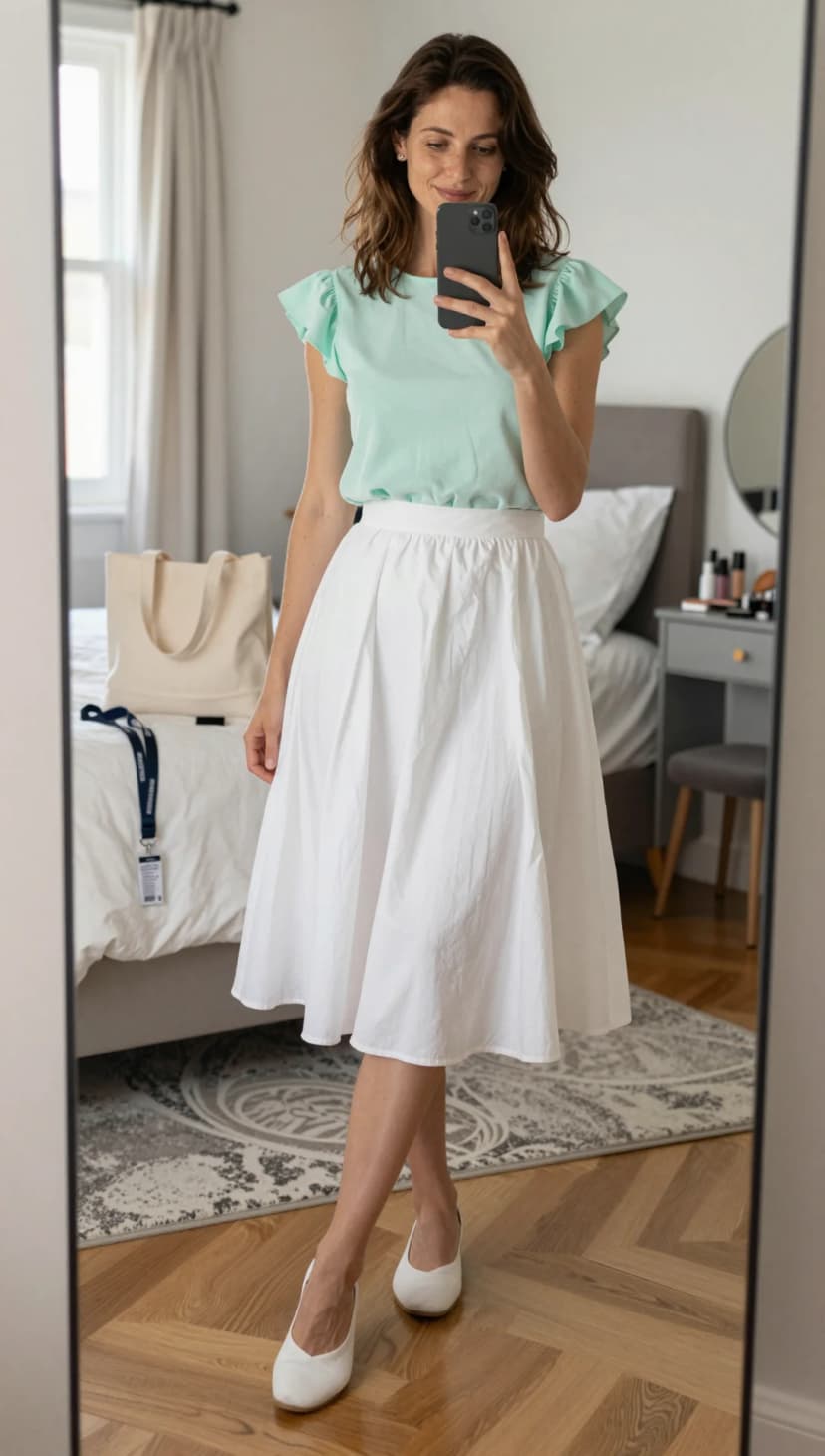 Mint Ruffle Sleeve Top + White Cotton Midi Skirt + White Pointed Flats