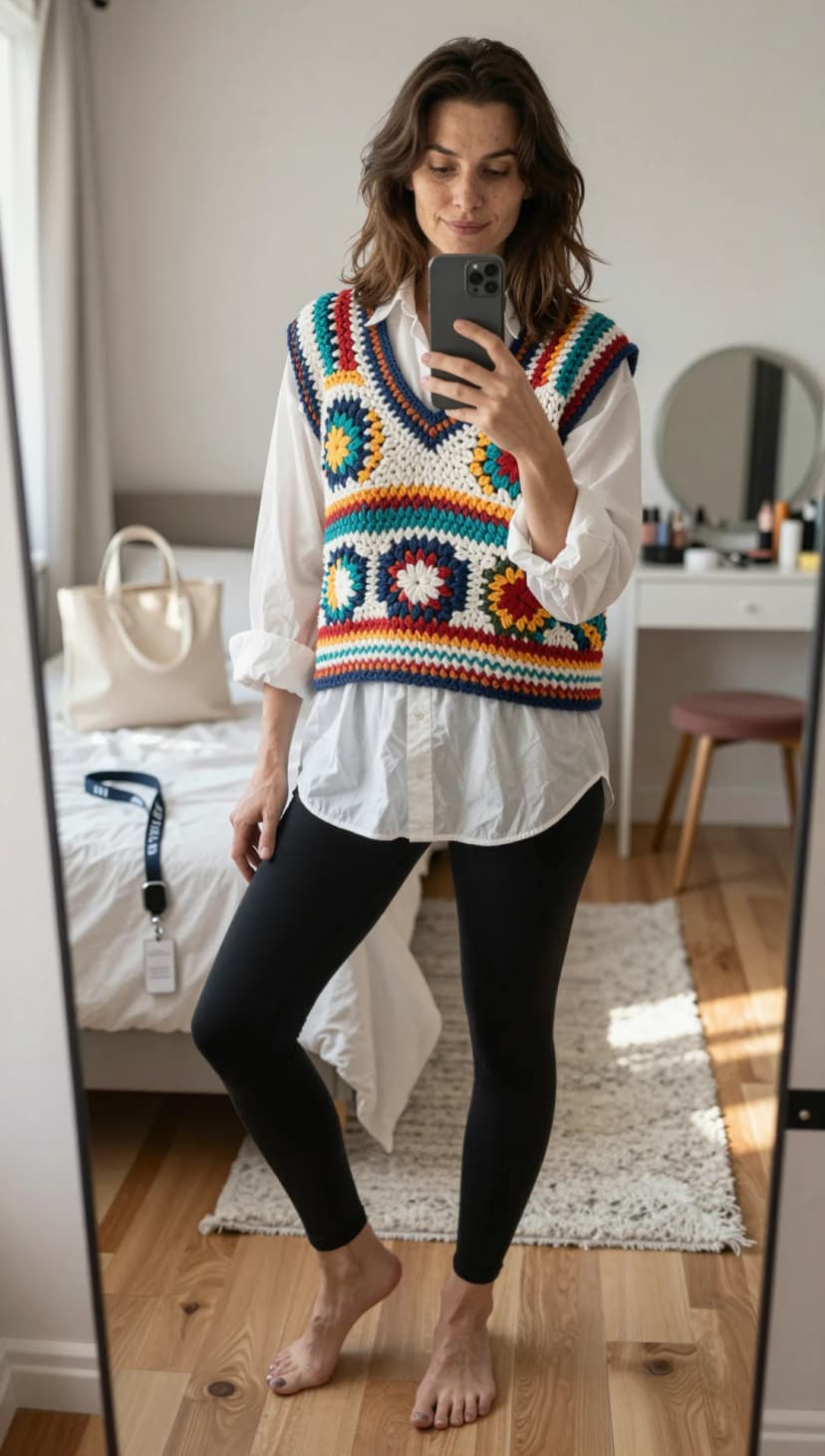 White Button-Down Shirt + Multicolor Crochet Vest + Black Leggings