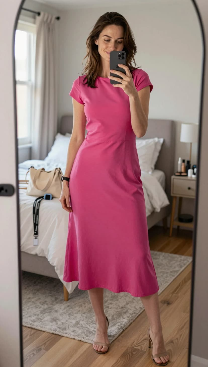 Hot Pink Jersey Midi Dress + Nude Strappy Heels