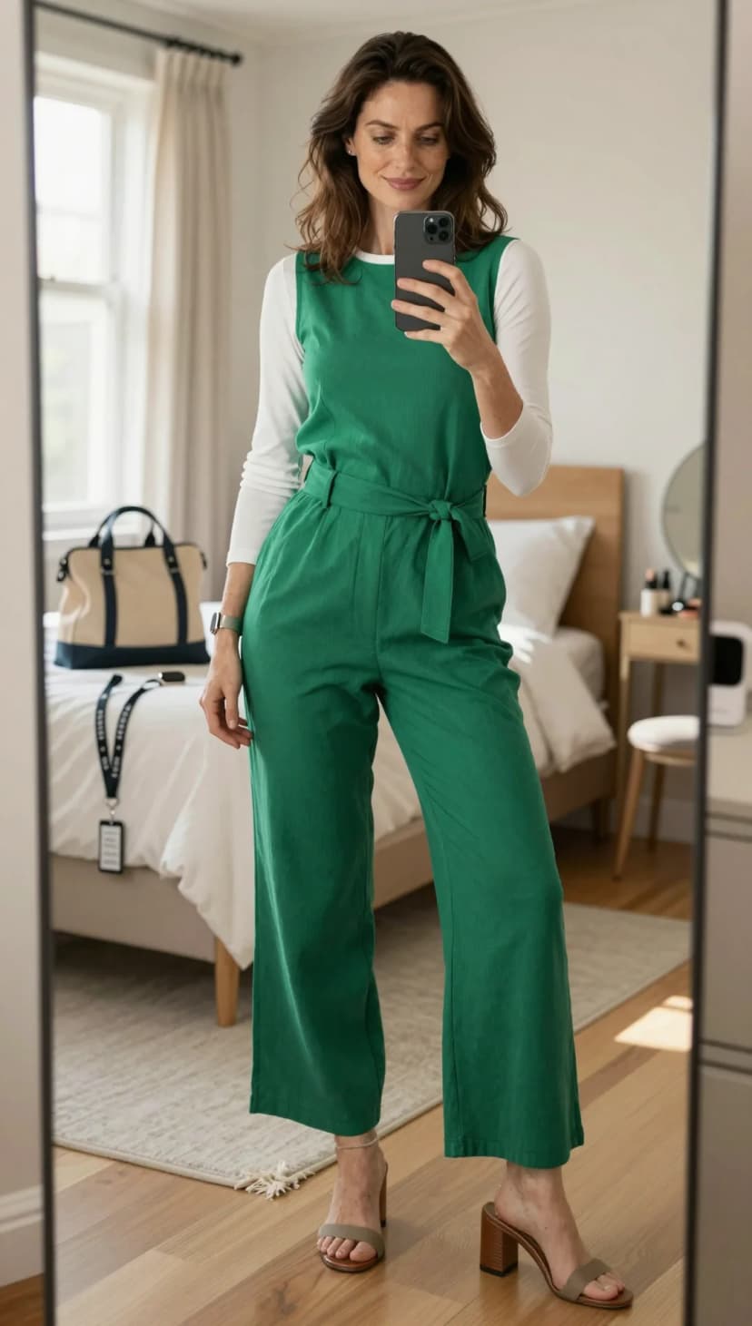 Green Linen Jumpsuit + White Long Sleeve Top + Taupe Block Heel Sandals