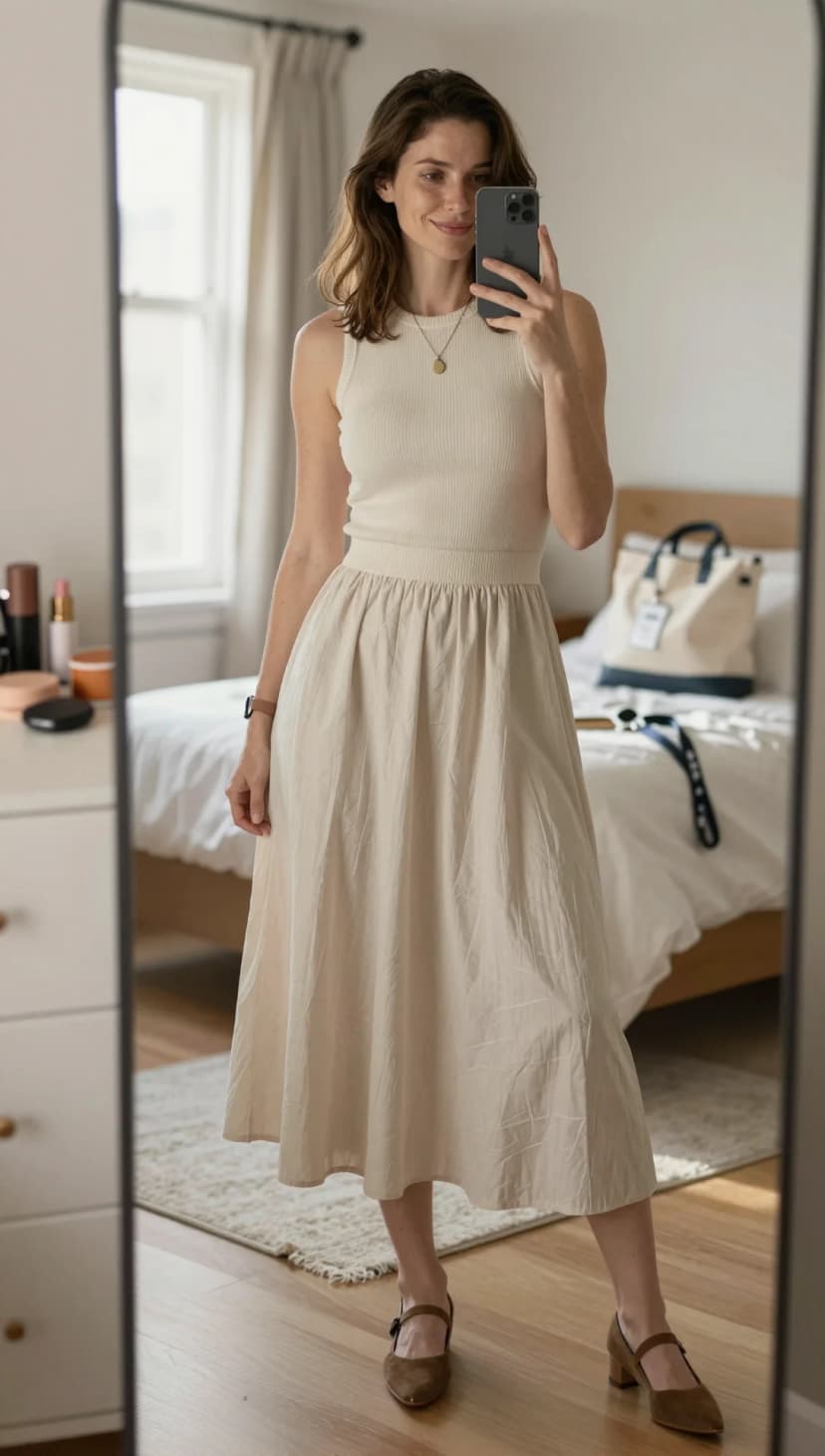 Cream Ribbed Tank Top + Ivory Linen Midi Skirt + Brown Suede Mary Janes