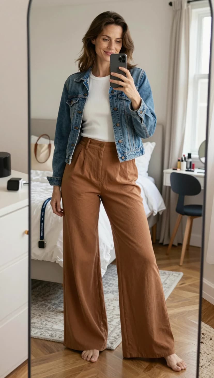 Blue Denim Jacket + White Ribbed Tank Top + Brown Wide-Leg Trousers