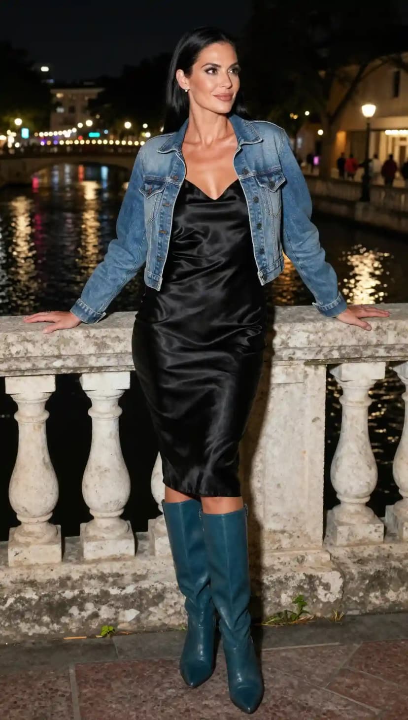 Blue Denim Cropped Jacket + Black Satin Midi Dress + Teal Leather Knee-High Boots