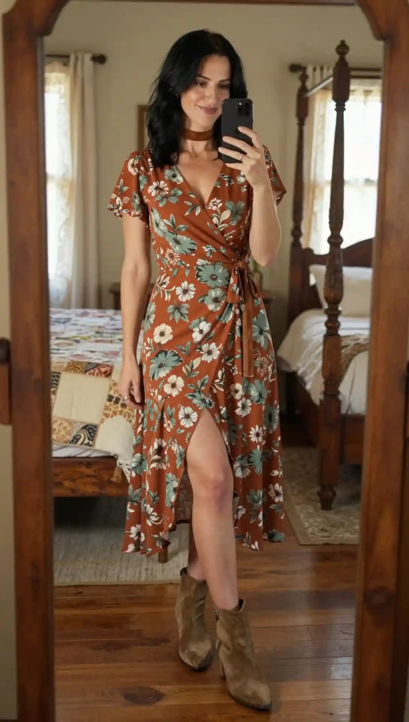 Brown Floral Print Wrap Midi Dress + Taupe Suede Ankle Boots
