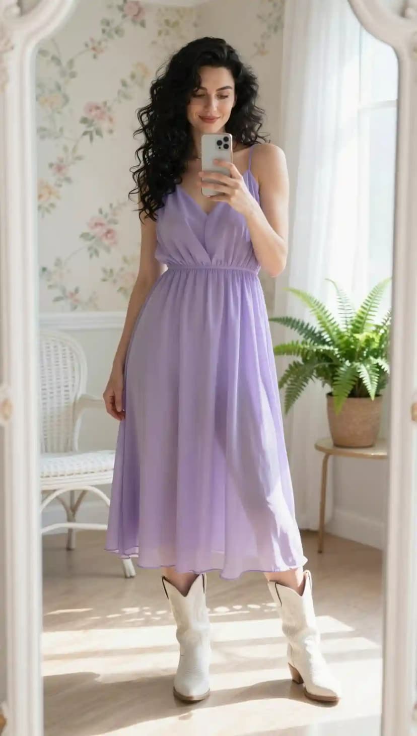Lavender Chiffon Midi Dress + White Leather Cowboy Boots