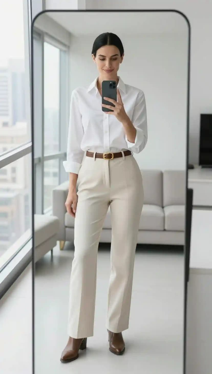 White Cotton Button-Down Shirt + Cream Wool Trousers + Brown Leather Ankle Boots
