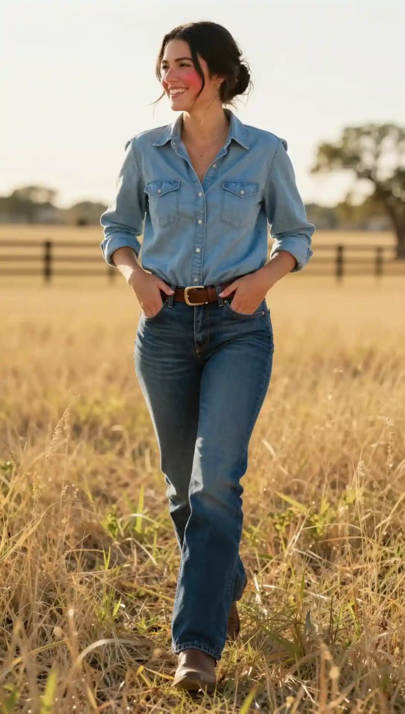 Blue Denim Shirt + Blue Denim Jeans + Brown Leather Belt + Brown Leather Boots