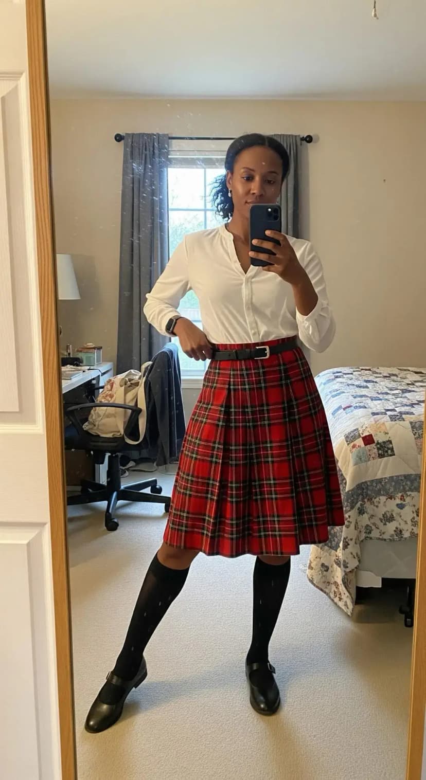 White Button-Up Shirt + Red Plaid Skirt + Knee-High Socks + Mary Jane Shoes